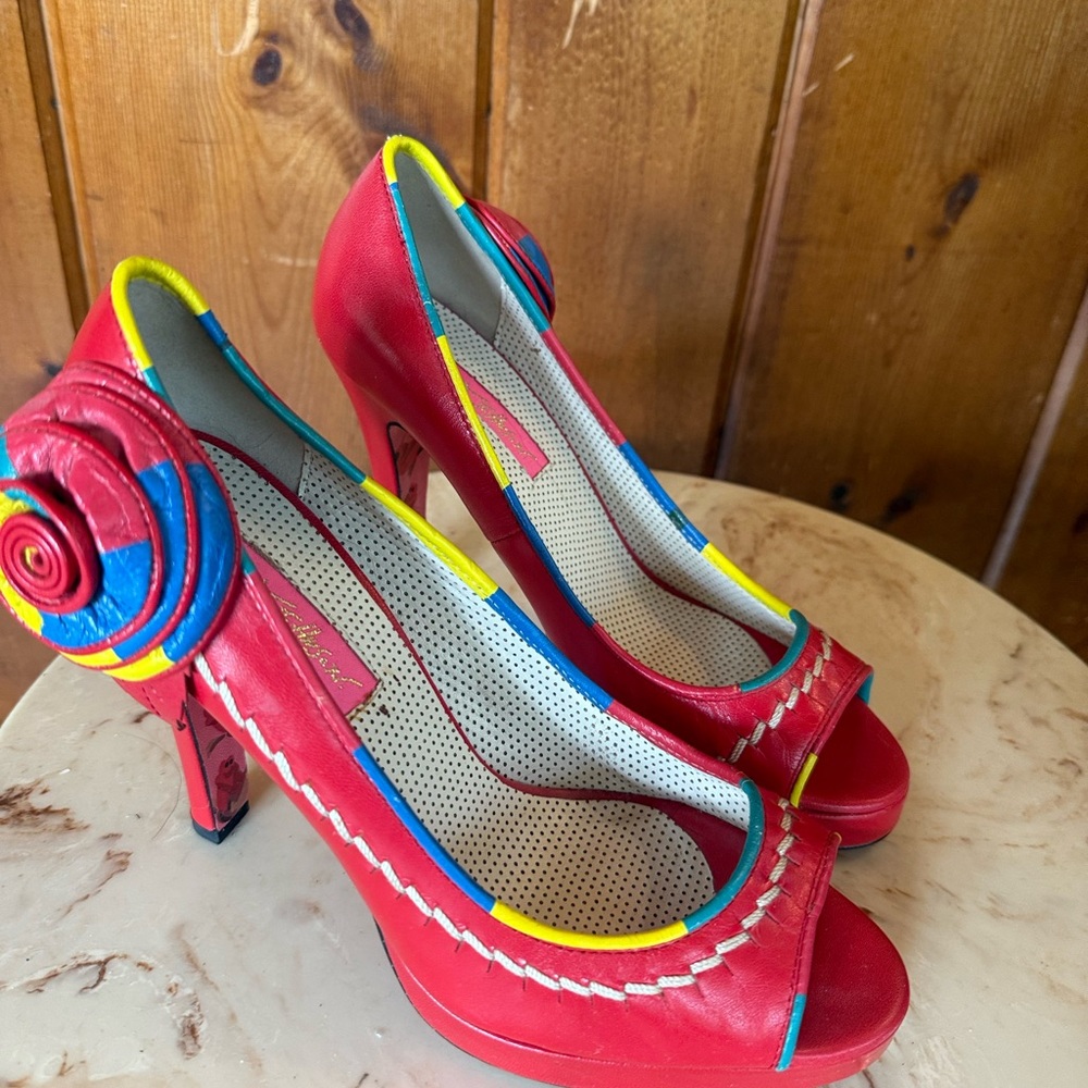 Betsey Johnson Red Peep-Toe Heels with Rosette Accent